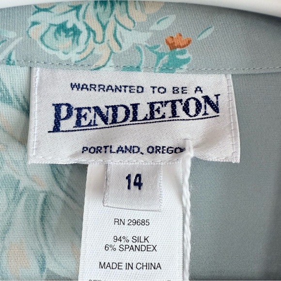 NWT Pendleton Silk Stretch Blouse Teal Gold Floral Button Front Women's Size 14 - Picture 2 of 16